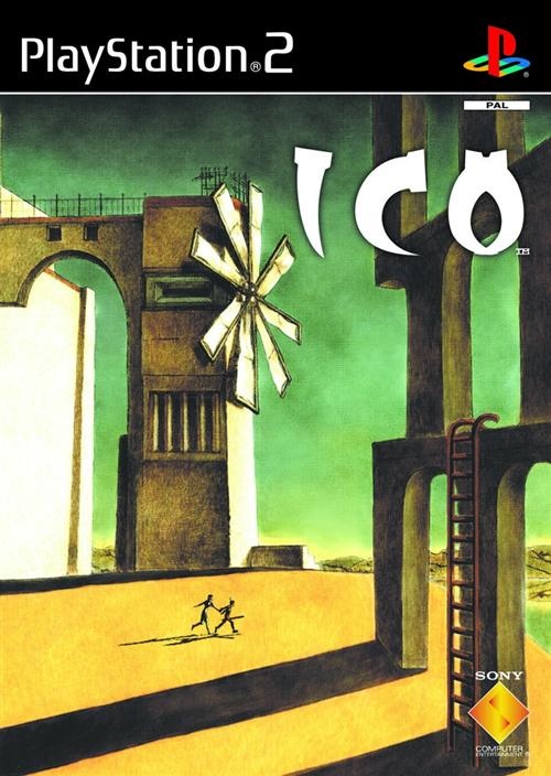 The european cover of e-koʊ for the PS2. It is a painting of a barren landscape with architecture jutting through the rightmost foreground and the leftmost background. e-koʊ and yoruda, as tiny silhouettes, run together across the landscape, holding hands.