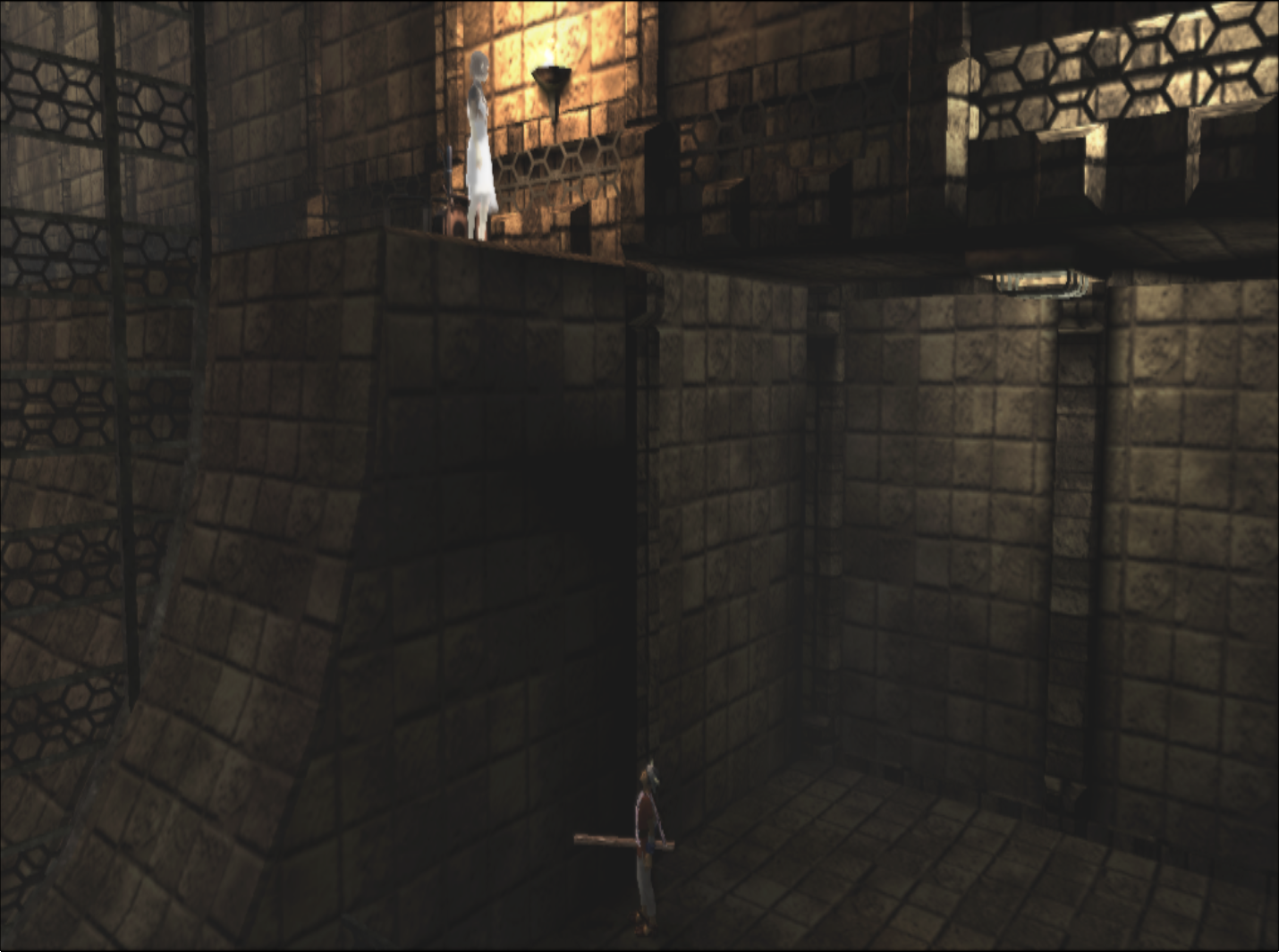 Image: In game screenshot of the high up lever to the entrance floor in the East Arena Stair Room, Yoruda stands tentatively over a drop about 3.5 times e-koʊ's height
