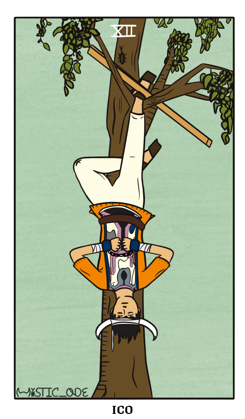 Image: A tarot card depicting e-koʊ as a tarot card originally titled The Hanged Man