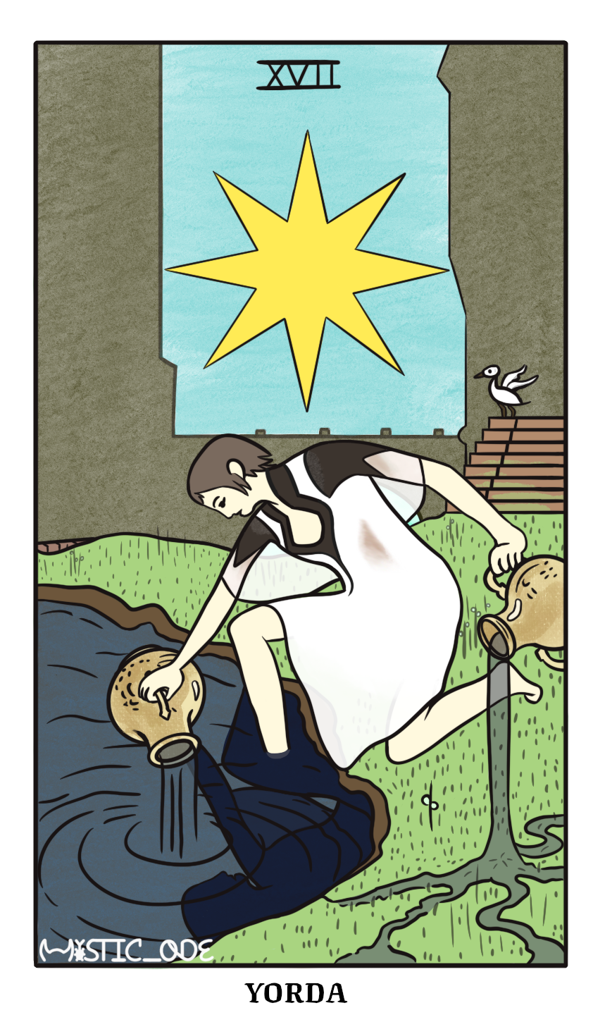 Image: A tarot card depicting yoruda as a tarot card originally titled The Star