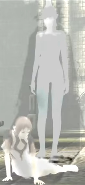 Image: A single frame from the cutscene at main gate, The Queen's full body is highlighted white within the suddenly translucent shadow cloak. The top of her head has a strange section that barely sticks up and out of the frame.