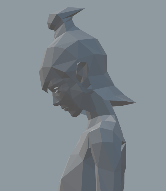 Image: The isolated full body model as seen within the game files, this image highlights The Queen's strange helmet which has the same upward divot seen in the prior image. It rests at the crest of the scalp like a topknot. The metal seems to rise up into a point that bends back. Like an especially angular shark fin.