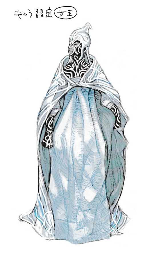 Image: A clipping of an old concept page, which depicts a very different iteration of The Queen. Instead of a dark cloak of shadow, she wears a long light gray shawl over an even lighter white dress. A scattered series of streaming white and blue lines weave through the shawl, mirroring the woman's skin, which here is pure black with white threads moving through it. Almost like indicators of muscle tissue. A solid gray area surrounds her facial features, giving a viewer's eyes a clear point to focus on. A helmet with the upward divot seen before sits atop her head, taking on the same white and gray color scheme as her shawl.