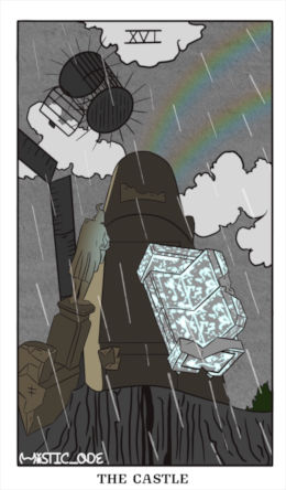 A stone sofa and a horned statue plummet from a crumbling bridge at the edge of a sinking building, evoking 'The Tower' Tarot Card. A double rainbow streaks across a grey, rainy sky. Roman numeral '16' at the top of the card. Titled, at the bottom: 'The Castle'