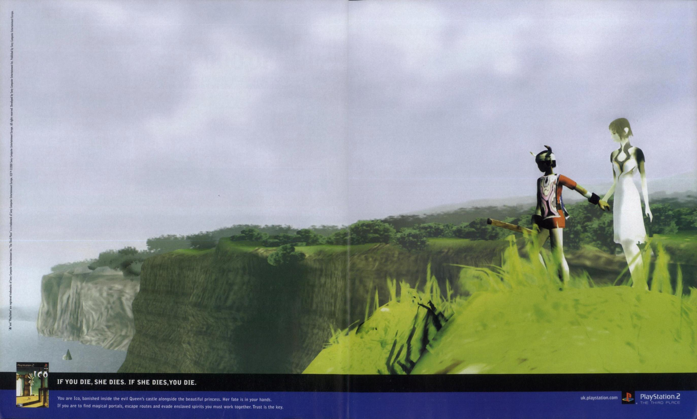 Image: A two page spread gameplay screenshot of e-koʊ and yoruda looking out over the vast ocean.