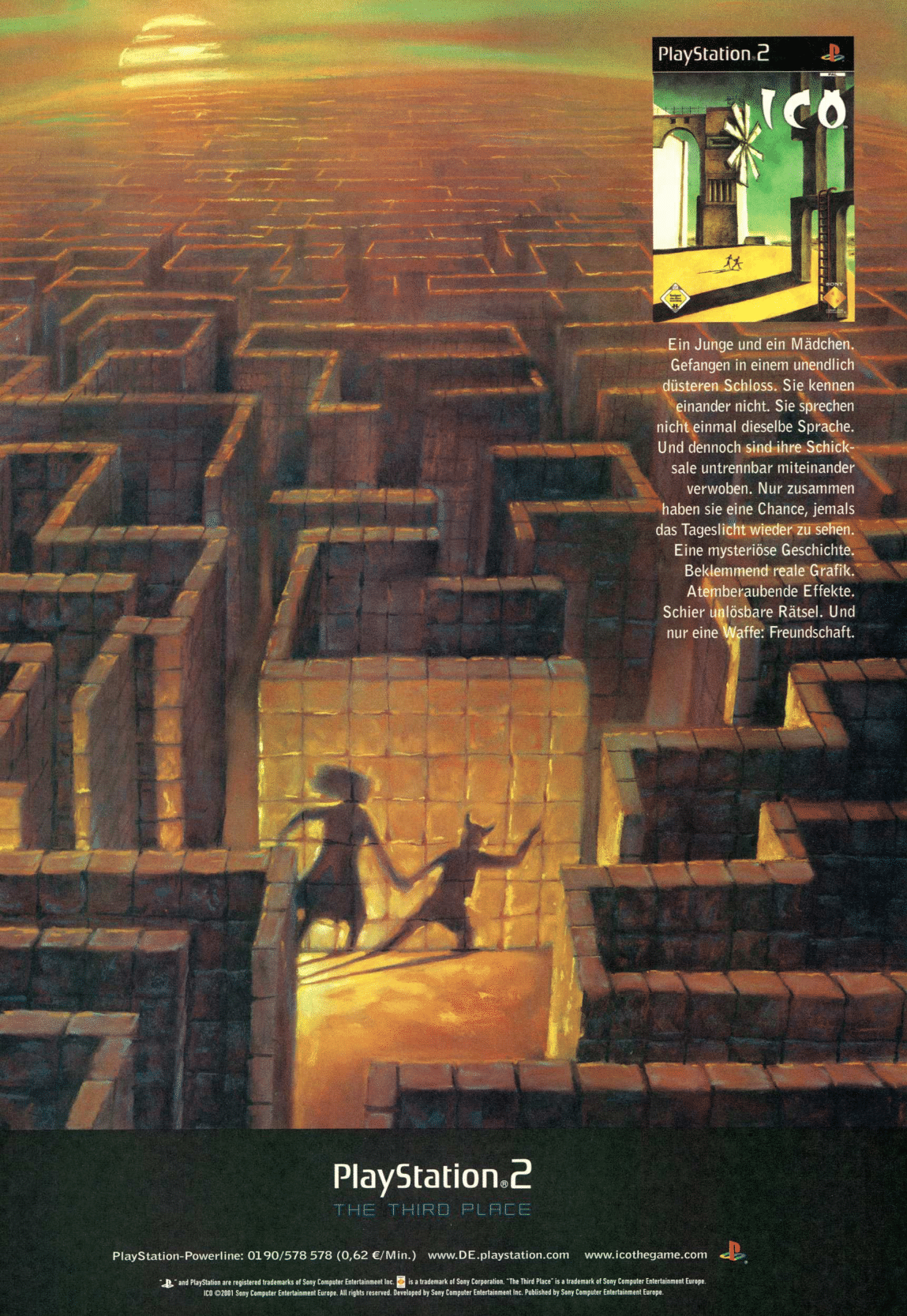 Image: A magazine ad featuring a maze unfolding into the distant horizon, within the confines, e-koʊ and yorudas silhouettes are splashed onto a brick wall by torchlight.
